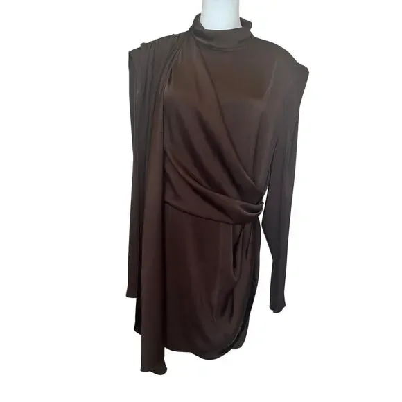 Ronny Kobo Brown Ruched Satin Mockneck Mini Dress XL Cocktail Chic Designer  $600